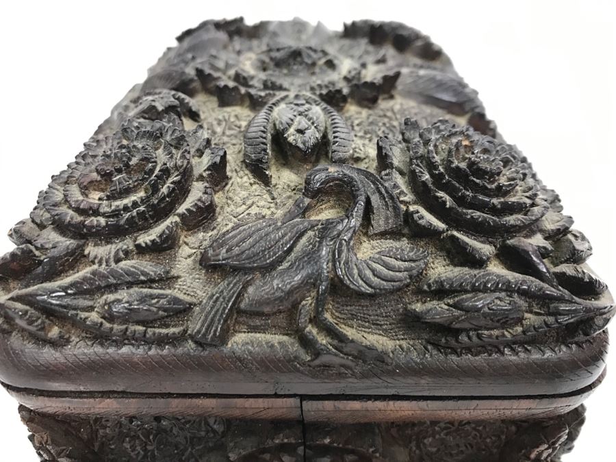 Stunning Relief Carved Folding Wooden Box Floral / Bird Motif With 48 Cylindrical Storage Compartments Cigars? [Photo 8]