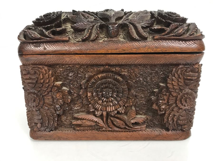 Stunning Relief Carved Folding Wooden Box Floral / Bird Motif With 48 ...