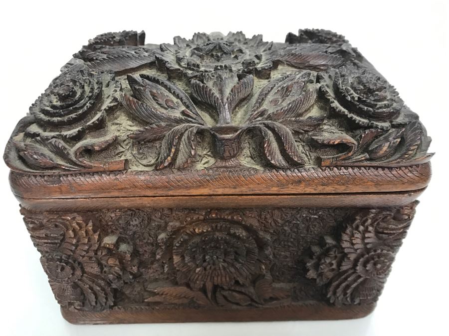 Stunning Relief Carved Folding Wooden Box Floral / Bird Motif With 48 Cylindrical Storage Compartments Cigars? [Photo 2]