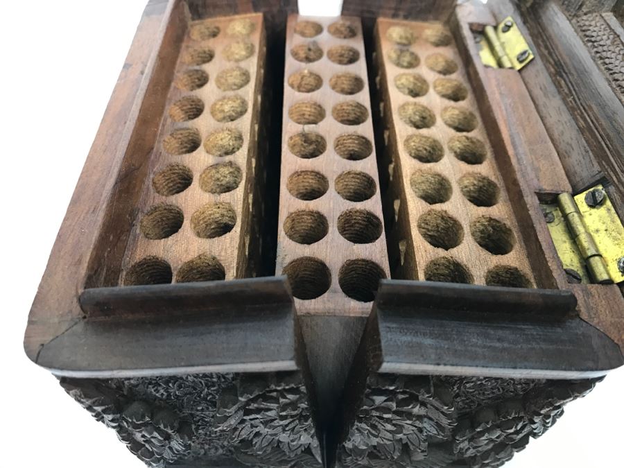 Stunning Relief Carved Folding Wooden Box Floral / Bird Motif With 48 Cylindrical Storage Compartments Cigars? [Photo 23]