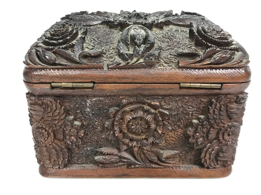Stunning Relief Carved Folding Wooden Box Floral / Bird Motif With 48 Cylindrical Storage Compartments Cigars? [Photo 10]