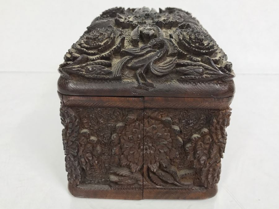 Stunning Relief Carved Folding Wooden Box Floral / Bird Motif With 48 Cylindrical Storage Compartments Cigars? [Photo 13]