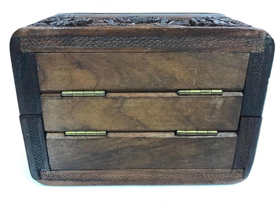 Stunning Relief Carved Folding Wooden Box Floral / Bird Motif With 48 Cylindrical Storage Compartments Cigars? [Photo 15]