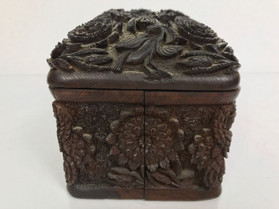 Stunning Relief Carved Folding Wooden Box Floral / Bird Motif With 48 ...