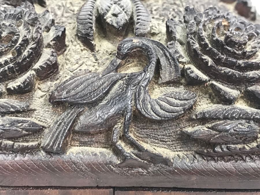 Stunning Relief Carved Folding Wooden Box Floral / Bird Motif With 48 Cylindrical Storage Compartments Cigars? [Photo 9]