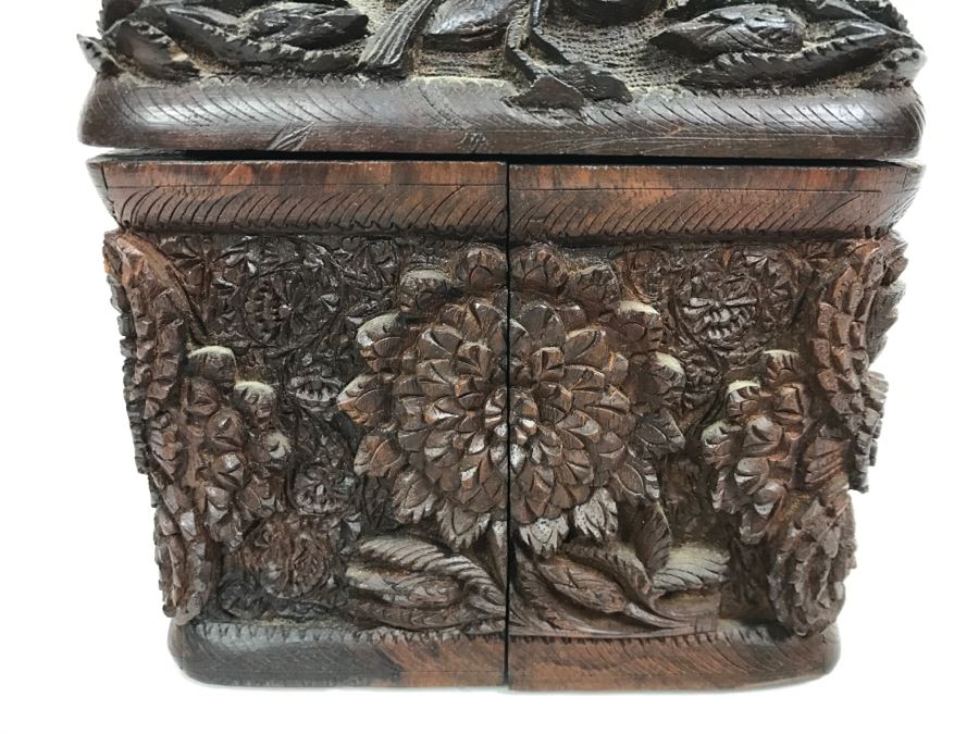 Stunning Relief Carved Folding Wooden Box Floral / Bird Motif With 48 Cylindrical Storage Compartments Cigars? [Photo 7]