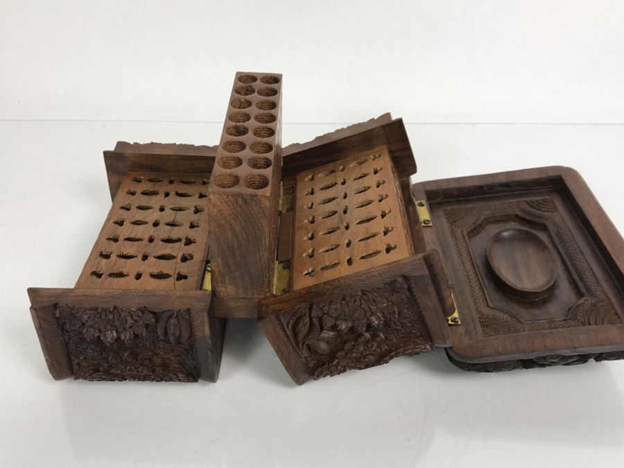 Stunning Relief Carved Folding Wooden Box Floral / Bird Motif With 48 Cylindrical Storage Compartments Cigars? [Photo 19]