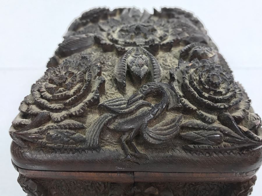 Stunning Relief Carved Folding Wooden Box Floral / Bird Motif With 48 Cylindrical Storage Compartments Cigars? [Photo 14]