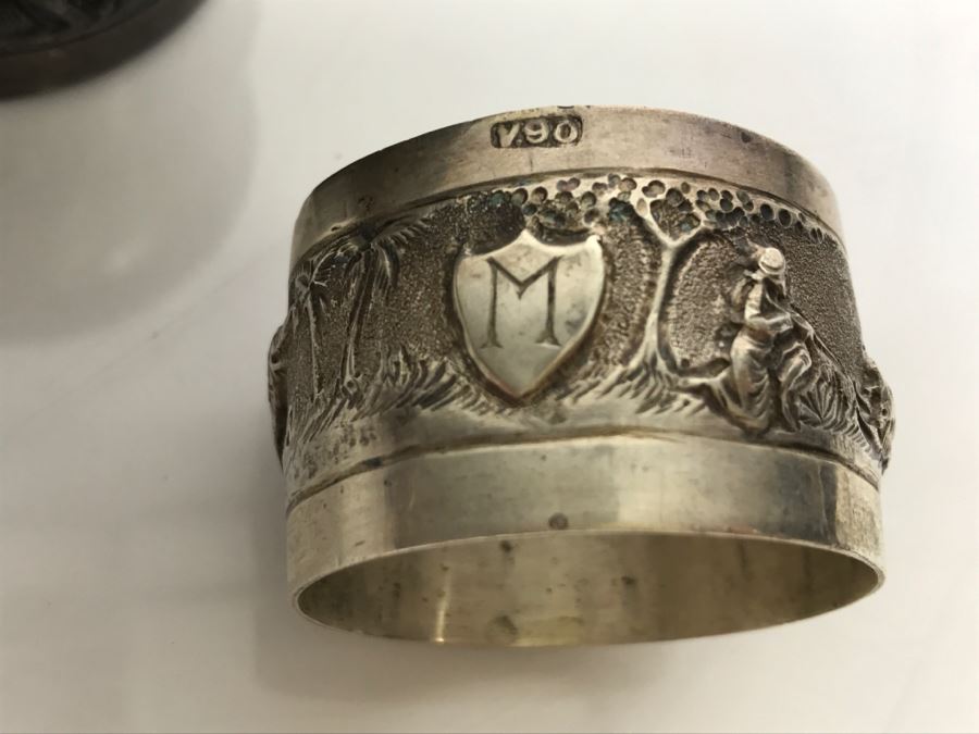 Vintage Repousse Silver Tone Round Trinket Box With Scenes Of Animals And Hunters And Silver Tone Repousse Napkin Ring Marked V.90 See All Photos [Photo 3]