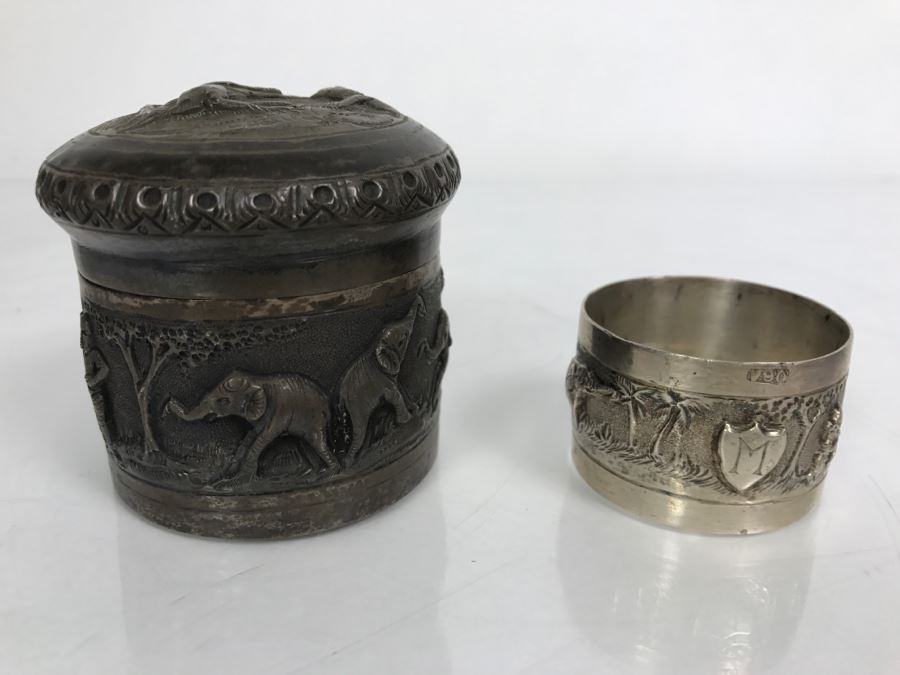 Vintage Repousse Silver Tone Round Trinket Box With Scenes Of Animals And Hunters And Silver Tone Repousse Napkin Ring Marked V.90 See All Photos