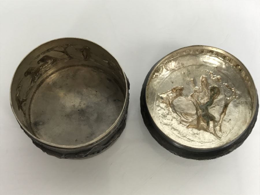 Vintage Repousse Silver Tone Round Trinket Box With Scenes Of Animals And Hunters And Silver Tone Repousse Napkin Ring Marked V.90 See All Photos [Photo 27]