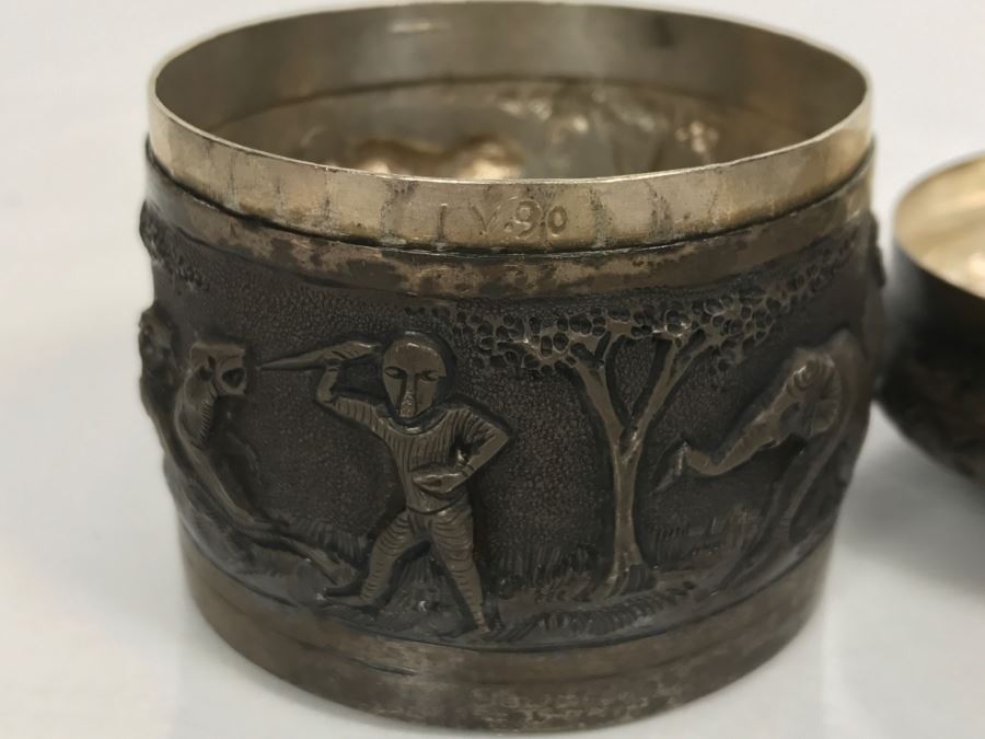 Vintage Repousse Silver Tone Round Trinket Box With Scenes Of Animals And Hunters And Silver Tone Repousse Napkin Ring Marked V.90 See All Photos [Photo 28]