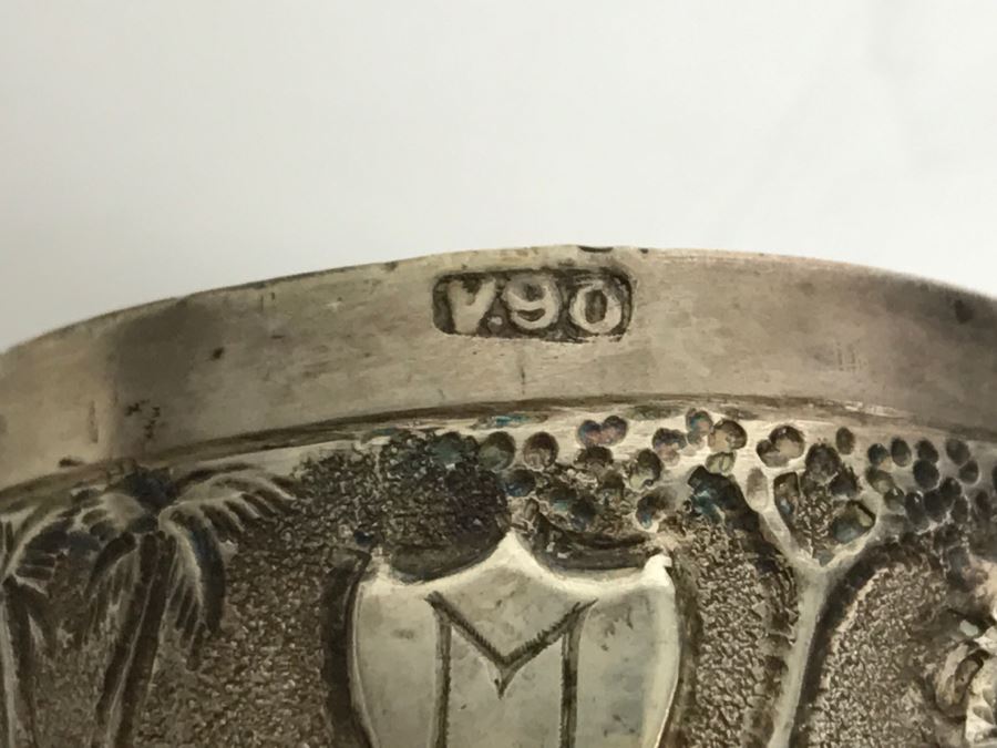 Vintage Repousse Silver Tone Round Trinket Box With Scenes Of Animals And Hunters And Silver Tone Repousse Napkin Ring Marked V.90 See All Photos [Photo 10]