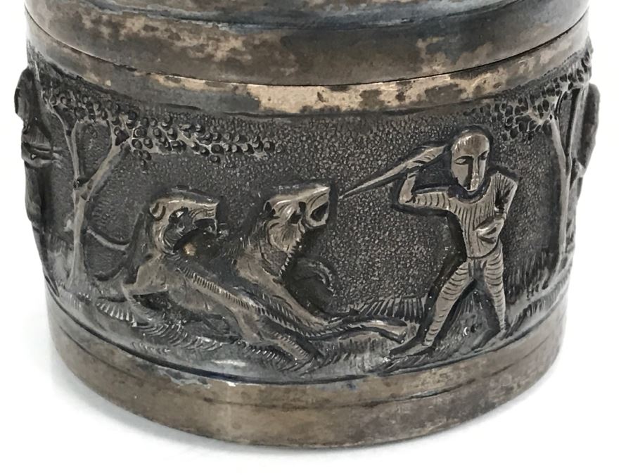 Vintage Repousse Silver Tone Round Trinket Box With Scenes Of Animals And Hunters And Silver Tone Repousse Napkin Ring Marked V.90 See All Photos [Photo 20]