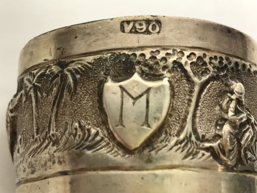 Vintage Repousse Silver Tone Round Trinket Box With Scenes Of Animals And Hunters And Silver Tone Repousse Napkin Ring Marked V.90 See All Photos [Photo 9]