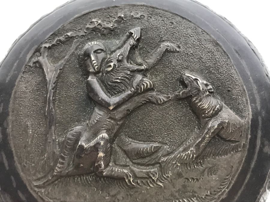 Vintage Repousse Silver Tone Round Trinket Box With Scenes Of Animals And Hunters And Silver Tone Repousse Napkin Ring Marked V.90 See All Photos [Photo 25]