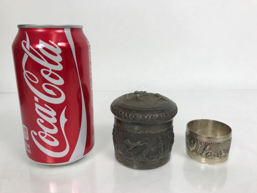 Vintage Repousse Silver Tone Round Trinket Box With Scenes Of Animals And Hunters And Silver Tone Repousse Napkin Ring Marked V.90 See All Photos [Photo 31]