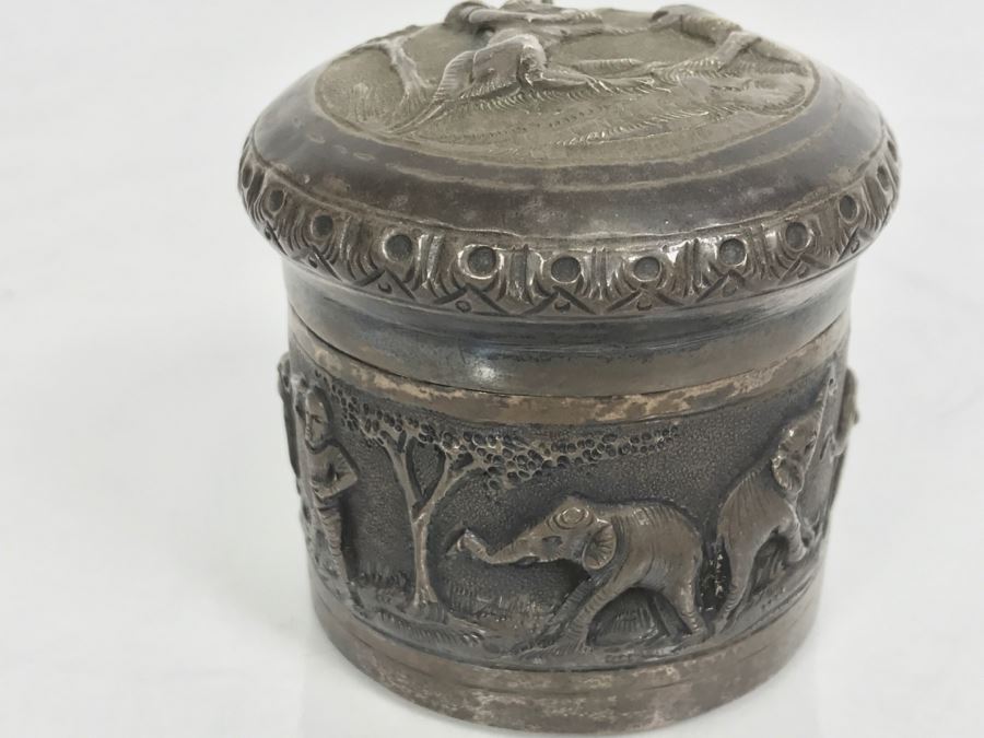 Vintage Repousse Silver Tone Round Trinket Box With Scenes Of Animals And Hunters And Silver Tone Repousse Napkin Ring Marked V.90 See All Photos [Photo 11]