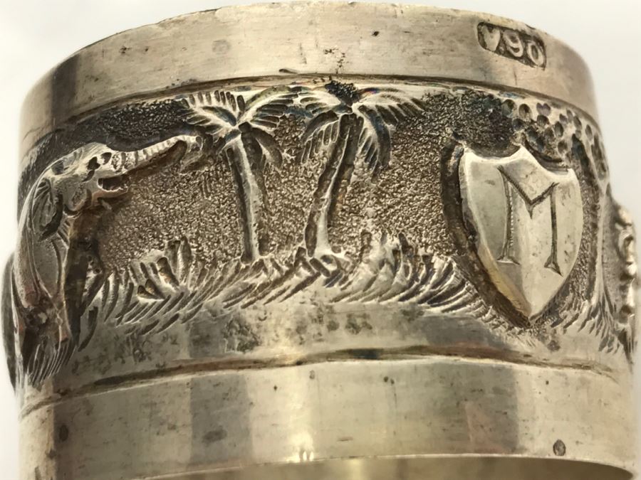 Vintage Repousse Silver Tone Round Trinket Box With Scenes Of Animals And Hunters And Silver Tone Repousse Napkin Ring Marked V.90 See All Photos [Photo 8]