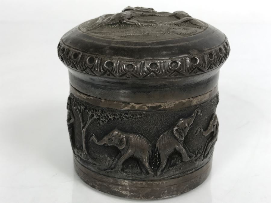 Vintage Repousse Silver Tone Round Trinket Box With Scenes Of Animals And Hunters And Silver Tone Repousse Napkin Ring Marked V.90 See All Photos [Photo 12]