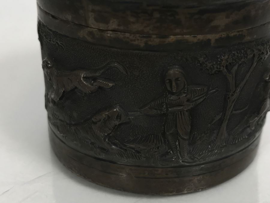 Vintage Repousse Silver Tone Round Trinket Box With Scenes Of Animals And Hunters And Silver Tone Repousse Napkin Ring Marked V.90 See All Photos [Photo 17]