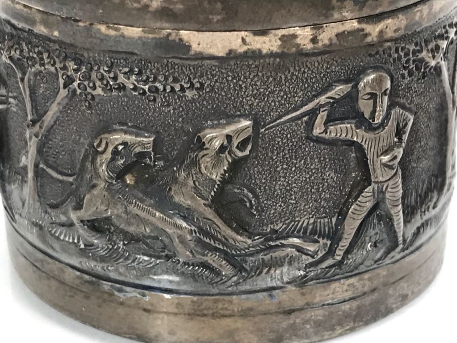 Vintage Repousse Silver Tone Round Trinket Box With Scenes Of Animals And Hunters And Silver Tone Repousse Napkin Ring Marked V.90 See All Photos [Photo 19]