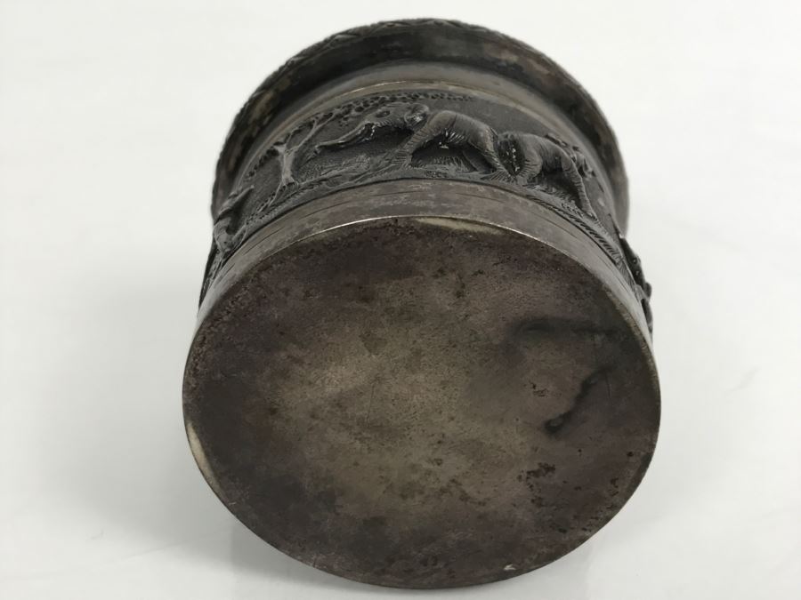 Vintage Repousse Silver Tone Round Trinket Box With Scenes Of Animals And Hunters And Silver Tone Repousse Napkin Ring Marked V.90 See All Photos [Photo 26]