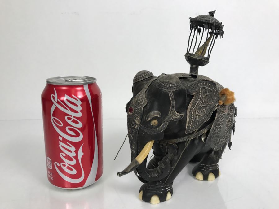Hand Carved Ebony Elephant With Repousse Silver Garment Missing One Tusk [Photo 2]