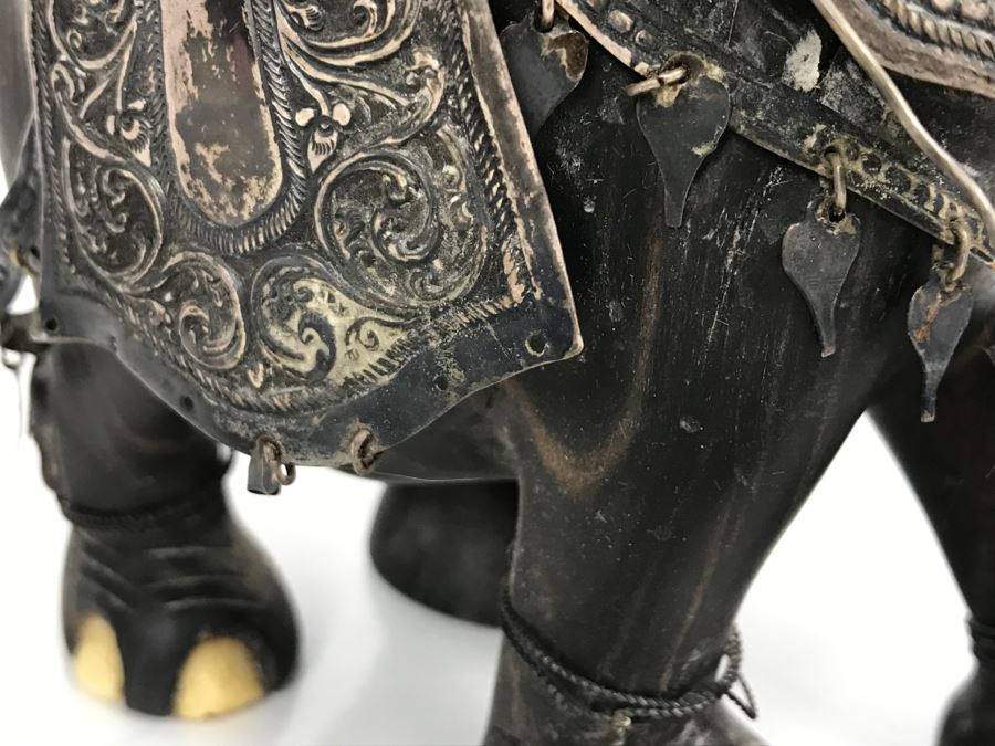 Hand Carved Ebony Elephant With Repousse Silver Garment Missing One Tusk [Photo 23]