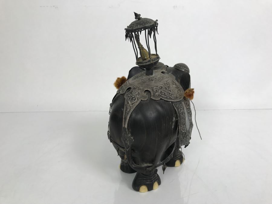 Hand Carved Ebony Elephant With Repousse Silver Garment Missing One Tusk [Photo 25]