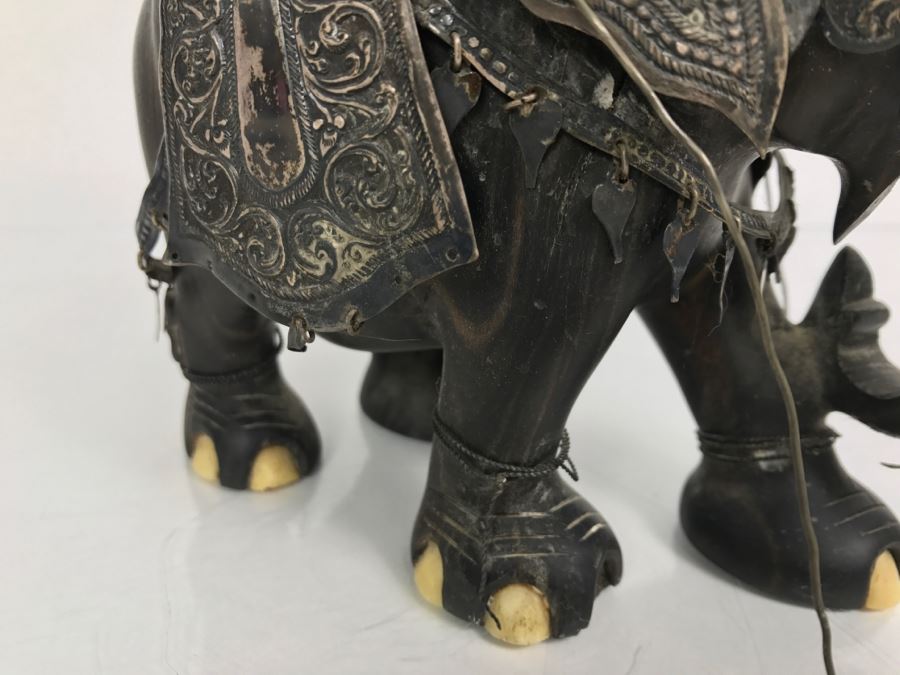 Hand Carved Ebony Elephant With Repousse Silver Garment Missing One Tusk [Photo 22]