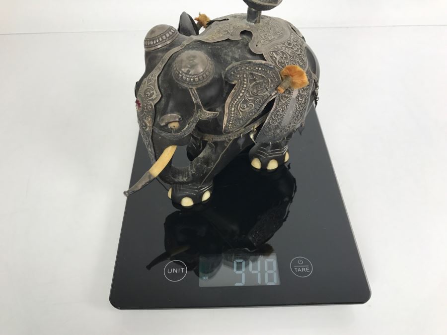 Hand Carved Ebony Elephant With Repousse Silver Garment Missing One Tusk [Photo 39]