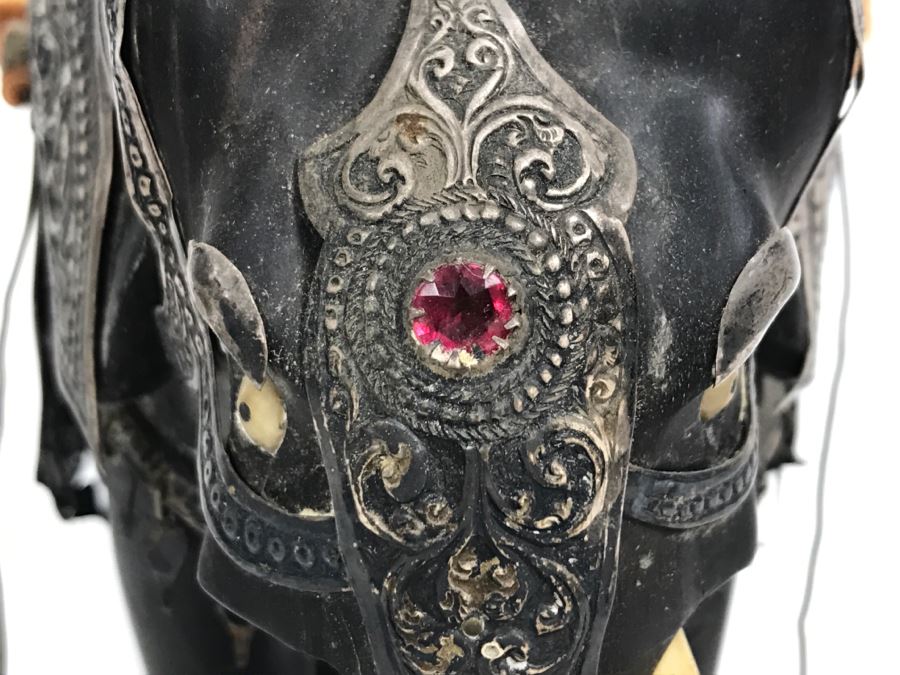 Hand Carved Ebony Elephant With Repousse Silver Garment Missing One Tusk [Photo 15]