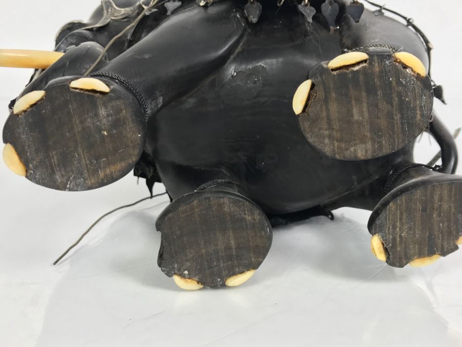 Hand Carved Ebony Elephant With Repousse Silver Garment Missing One Tusk [Photo 37]