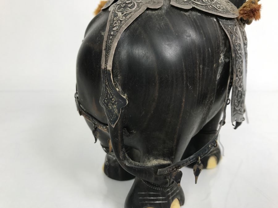 Hand Carved Ebony Elephant With Repousse Silver Garment Missing One Tusk [Photo 27]