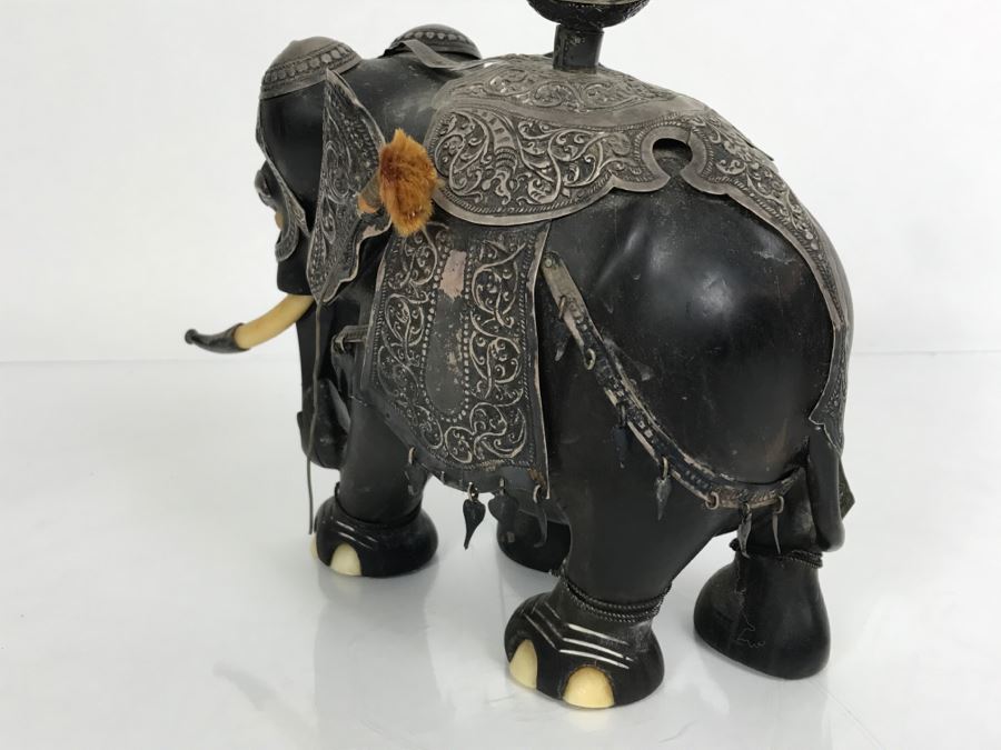 Hand Carved Ebony Elephant With Repousse Silver Garment Missing One Tusk [Photo 30]