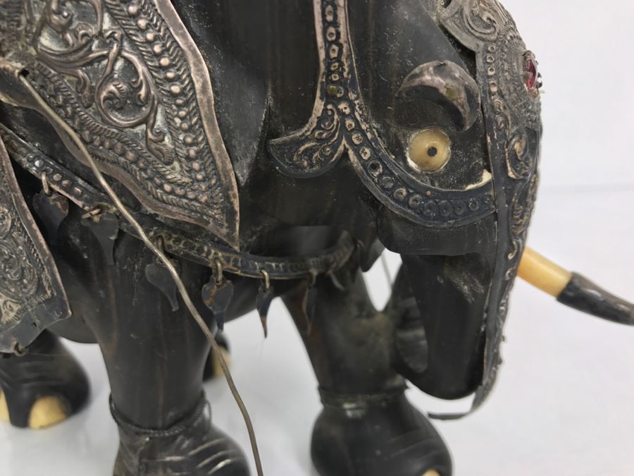 Hand Carved Ebony Elephant With Repousse Silver Garment Missing One Tusk [Photo 20]