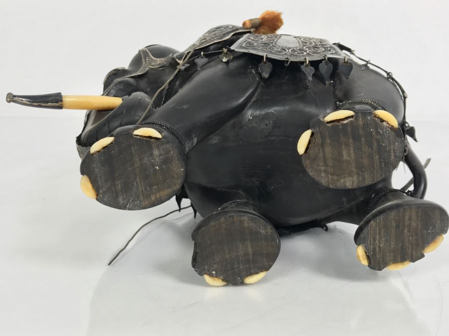 Hand Carved Ebony Elephant With Repousse Silver Garment Missing One Tusk [Photo 36]