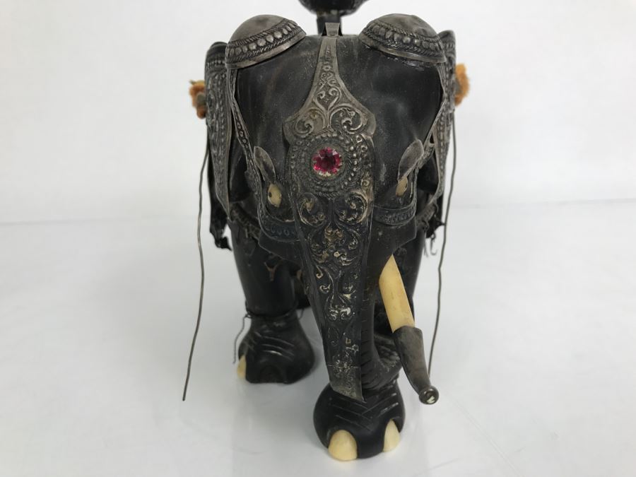Hand Carved Ebony Elephant With Repousse Silver Garment Missing One Tusk [Photo 13]