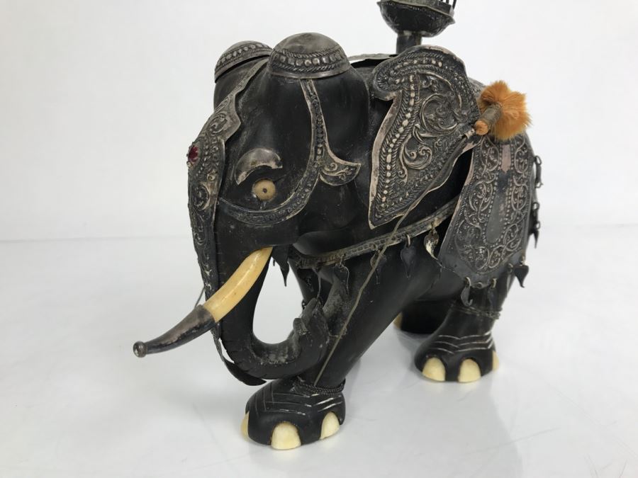 Hand Carved Ebony Elephant With Repousse Silver Garment Missing One Tusk [Photo 4]