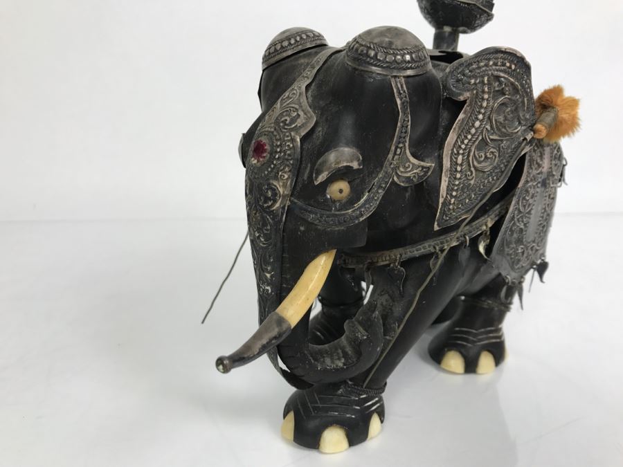 Hand Carved Ebony Elephant With Repousse Silver Garment Missing One Tusk [Photo 5]