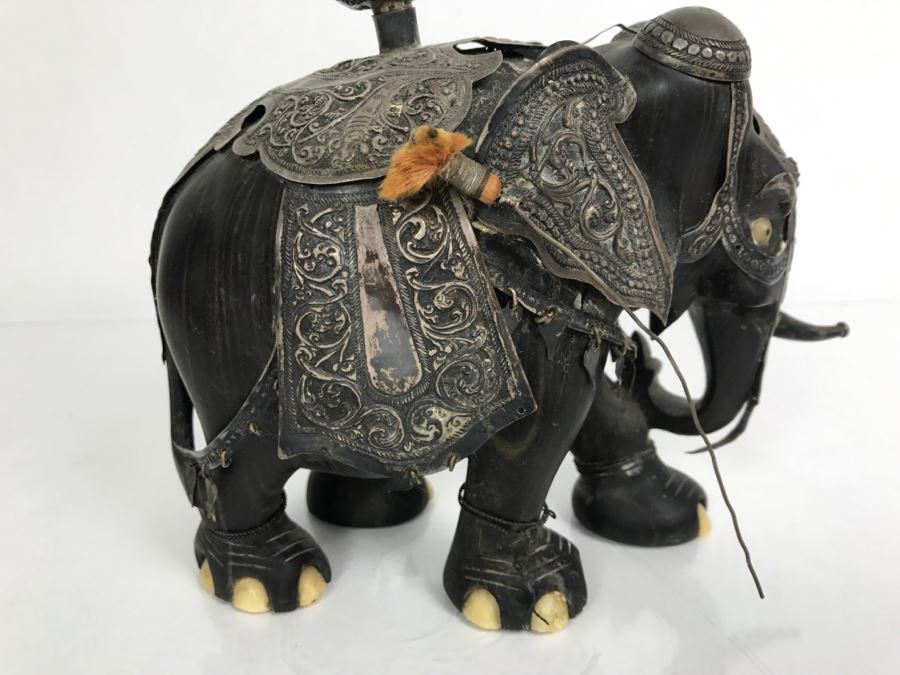 Hand Carved Ebony Elephant With Repousse Silver Garment Missing One Tusk [Photo 24]