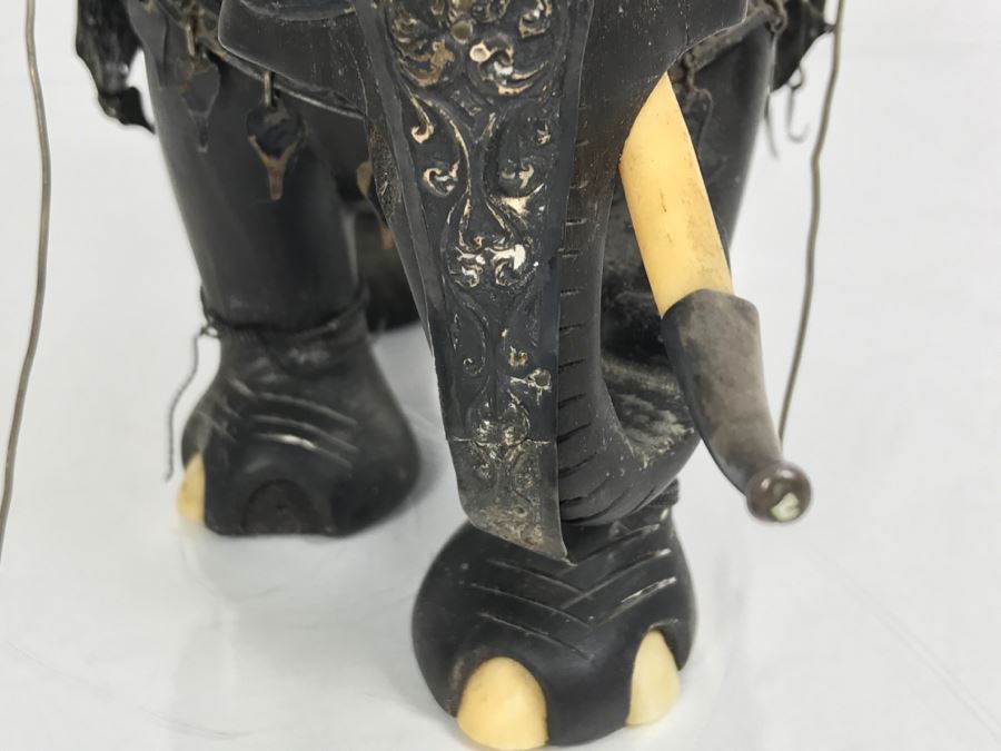 Hand Carved Ebony Elephant With Repousse Silver Garment Missing One Tusk [Photo 16]