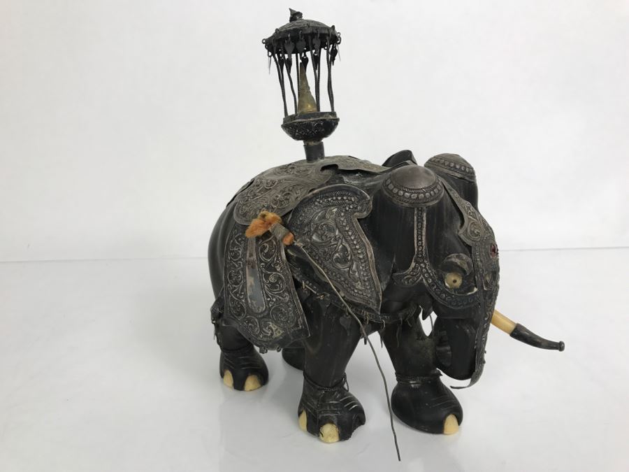 Hand Carved Ebony Elephant With Repousse Silver Garment Missing One Tusk [Photo 18]