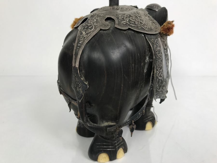 Hand Carved Ebony Elephant With Repousse Silver Garment Missing One Tusk [Photo 26]