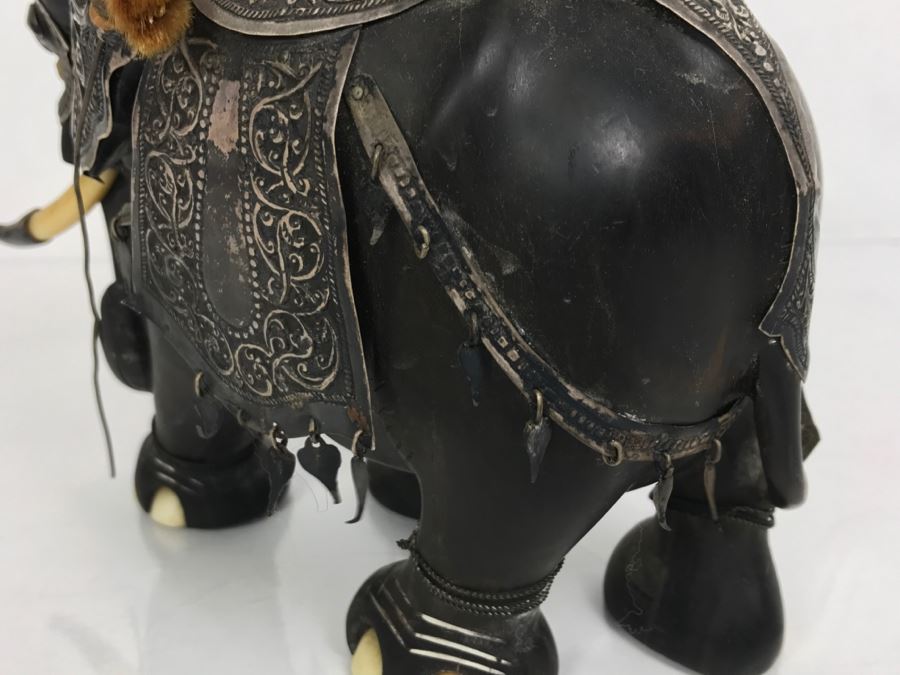 Hand Carved Ebony Elephant With Repousse Silver Garment Missing One Tusk [Photo 29]