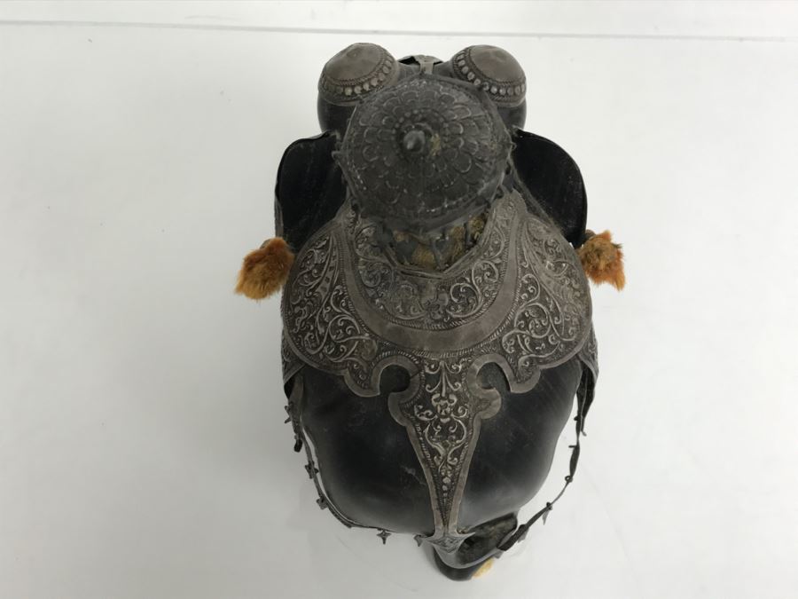 Hand Carved Ebony Elephant With Repousse Silver Garment Missing One Tusk [Photo 32]
