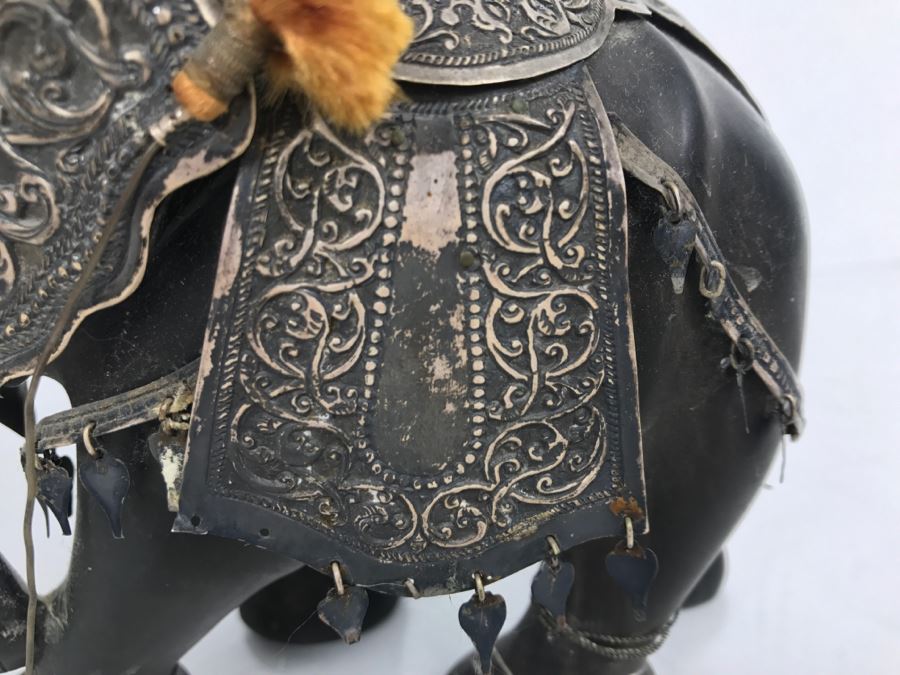 Hand Carved Ebony Elephant With Repousse Silver Garment Missing One Tusk [Photo 9]