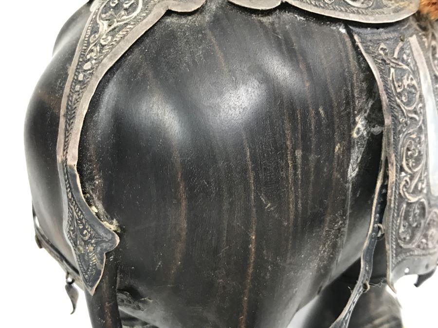 Hand Carved Ebony Elephant With Repousse Silver Garment Missing One Tusk [Photo 28]
