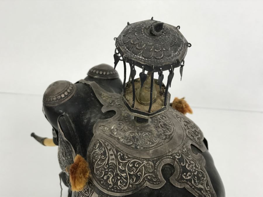 Hand Carved Ebony Elephant With Repousse Silver Garment Missing One Tusk [Photo 31]